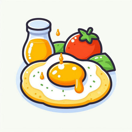 Fried egg, tomato and juice. Vector illustration in cartoon style.のイラスト素材