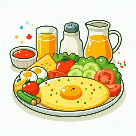 Breakfast with omelet, eggs and vegetables. Vector illustration.のイラスト素材