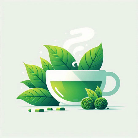 Green tea with leaves and steam on a light background. Vector illustration.のイラスト素材