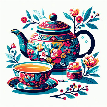 Cup of tea and teapot with floral ornament. Vector illustration.のイラスト素材