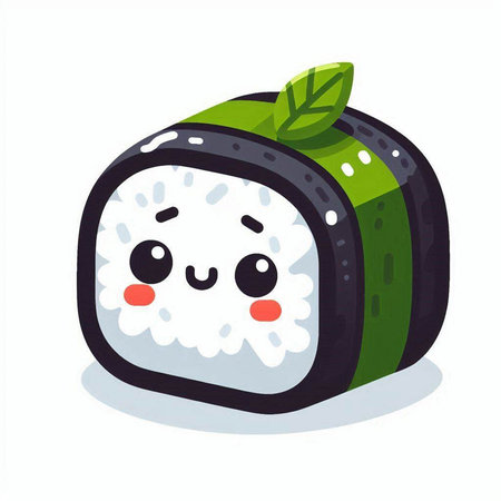 Cute kawaii sushi roll with green leaves. Vector illustration.のイラスト素材