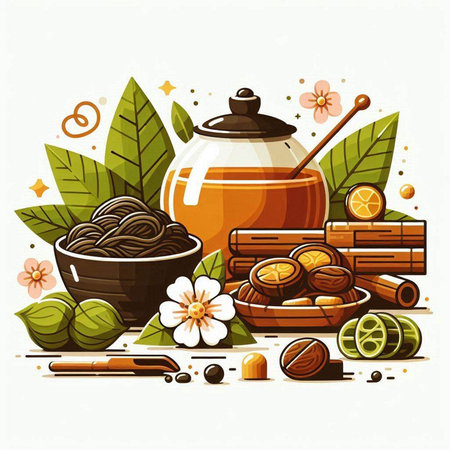 Spa background with essential oils and herbs. Vector illustration in flat styleのイラスト素材