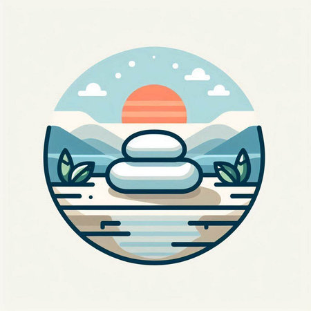 Vector illustration with zen stones on the beach in flat linear style.のイラスト素材