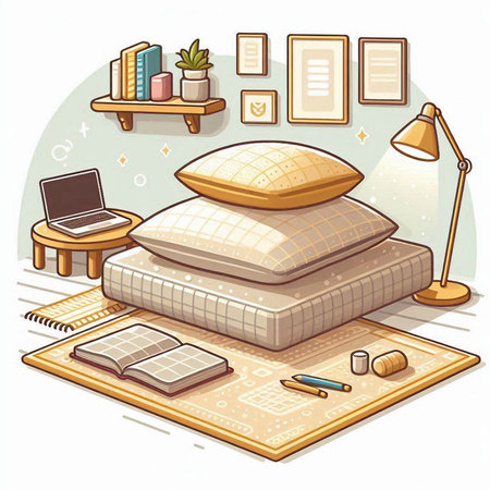 Illustration of a cozy bedroom with a comfortable bed and a laptopのイラスト素材