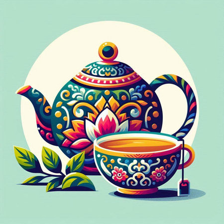 teapot and cup of tea in retro style, vector illustrationのイラスト素材