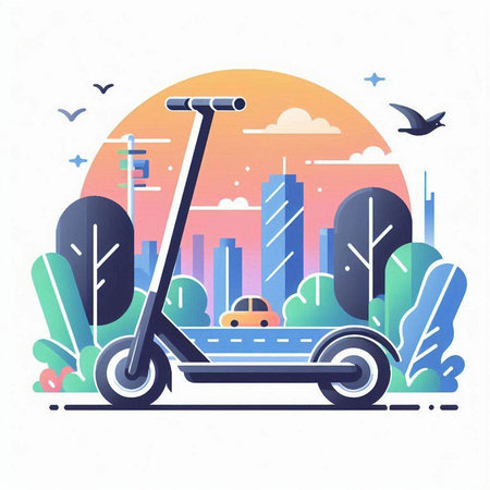 Modern electric scooter on the background of the city. Vector illustrationのイラスト素材
