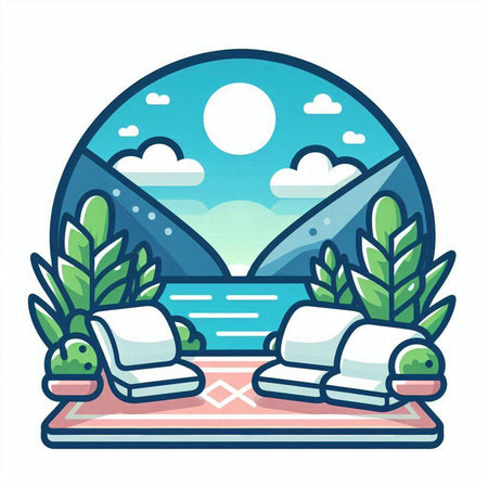 Vector illustration of a sun loungers on the beach in the mountainsのイラスト素材
