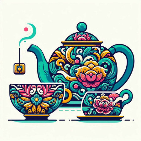 Vector illustration of teapot and tea cup with floral ornament.のイラスト素材
