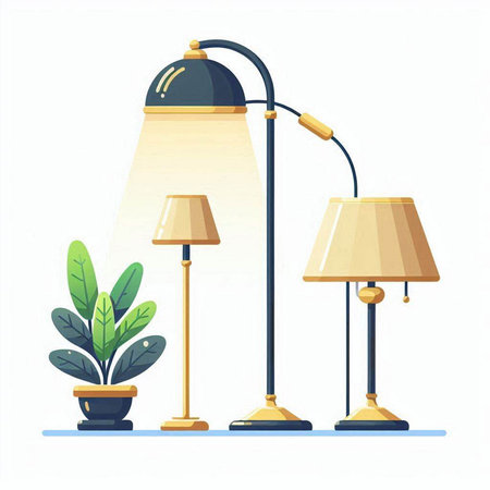 Vector illustration of table lamp and potted plant in flat style.のイラスト素材