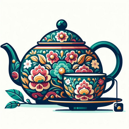 Vector illustration of a porcelain teapot with floral patternのイラスト素材
