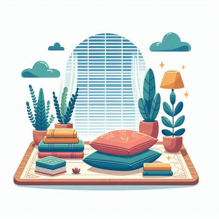 Flat design interior with books and potted plants. Vector illustrationのイラスト素材