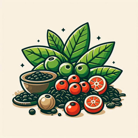 Vector illustration of a bowl of coffee beans with fresh berries and leaves.のイラスト素材