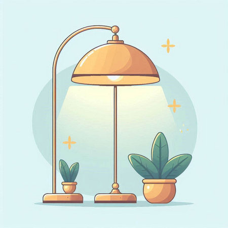 Illustration of modern lamp and potted plants on blue background.のイラスト素材