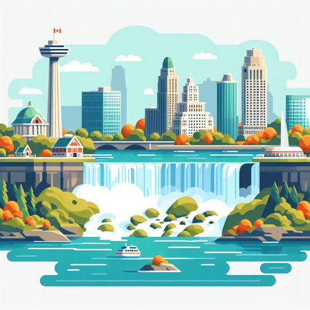 Vector illustration of a city landscape with river and skyscrapers.のイラスト素材