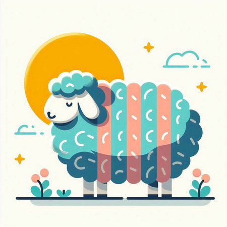 Vector illustration of cute cartoon sheep in flat style with sun and cloudsのイラスト素材
