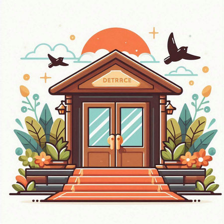 Vector illustration of a building on the background of nature and birds.のイラスト素材