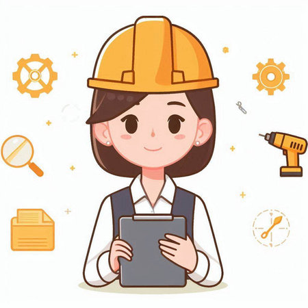 Illustration of a Cute Female Construction Worker Holding a Tablet PCのイラスト素材