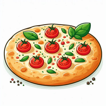 Illustration of a pizza with tomatoes and basil on a white backgroundのイラスト素材