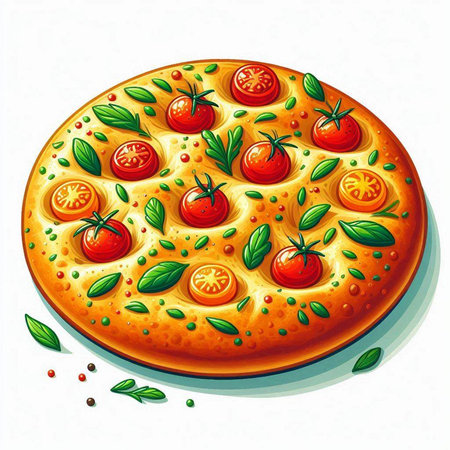 Illustration of pizza with tomatoes and basil on a white background.のイラスト素材