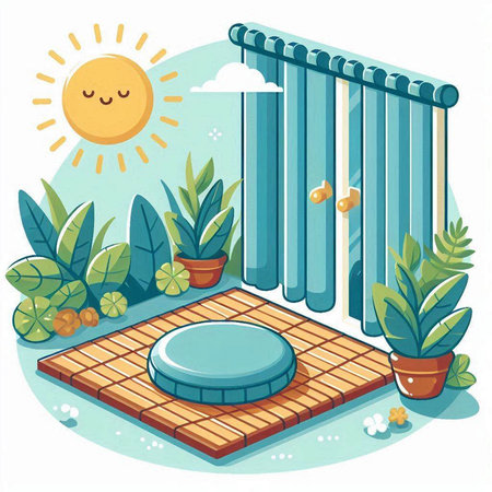 Vector isometric illustration of a sunbed in the garden with plantsのイラスト素材