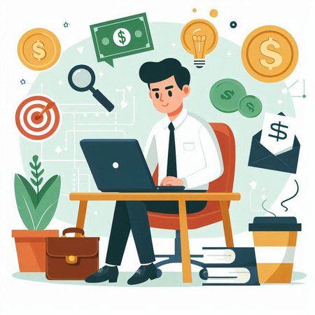 Businessman working at office. Vector illustration in flat cartoon style.のイラスト素材