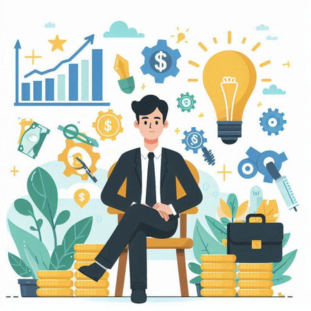 Businessman sitting on a chair and looking at the camera. Vector illustrationのイラスト素材