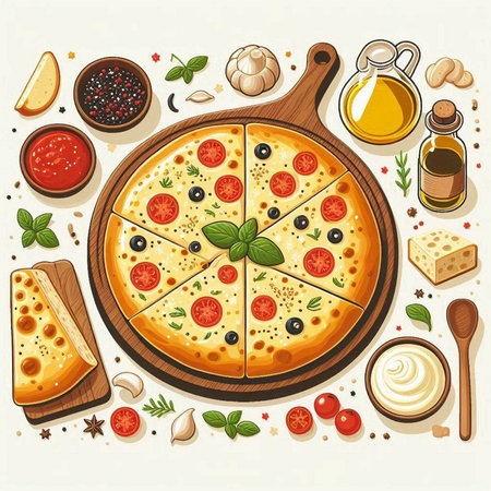 Pizza with tomatoes, olives, mozzarella cheese and spices. Vector illustration.のイラスト素材