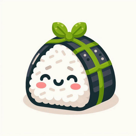 Cute japanese rice ball with green bow. Vector illustrationのイラスト素材