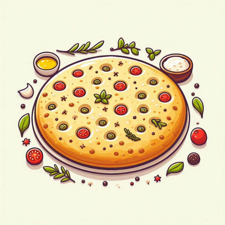 Pizza with olives, tomatoes, cheese and herbs. Vector illustration.のイラスト素材