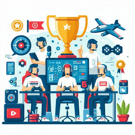 Video game competition flat vector illustration. Video games tournament, online championship, online entertainment concept.のイラスト素材
