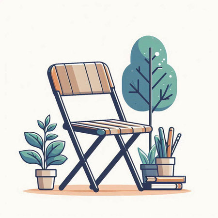 Wooden chair in the garden. Vector illustration in flat style.のイラスト素材