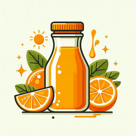 Orange juice in a glass bottle with orange slices and leaves. Vector illustration.のイラスト素材