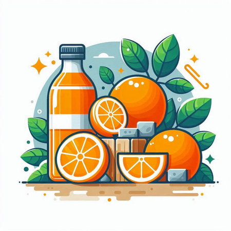 Orange juice bottle with fruits and leaves. Vector illustration in flat style.のイラスト素材