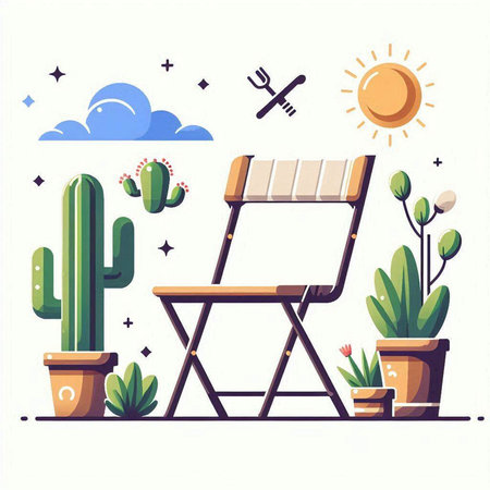 Illustration of a deck chair with cactuses and succulentsのイラスト素材
