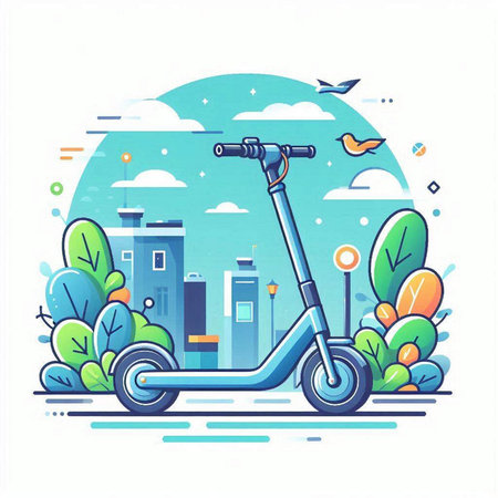 Modern scooter on the background of the city. Vector illustration.のイラスト素材