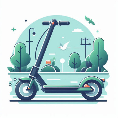 Modern electric scooter in the park. Flat style vector illustration.のイラスト素材