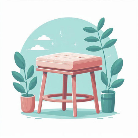 Wooden stool with a potted plant. Vector illustration in cartoon style.のイラスト素材