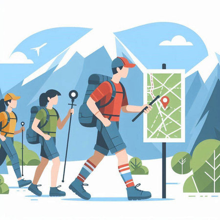 Hiking tourism vector illustration in flat style. Hikers with backpacks and trekking poles.のイラスト素材