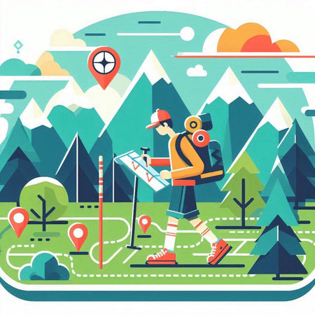 Hiking in the mountains. Flat design vector illustration. Conceptual illustration.のイラスト素材