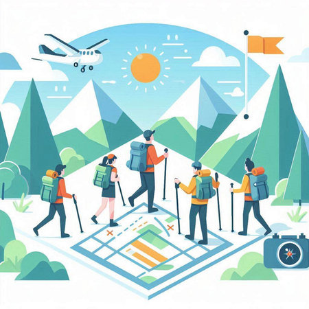 Tourists with backpacks and map. Vector illustration in flat styleのイラスト素材