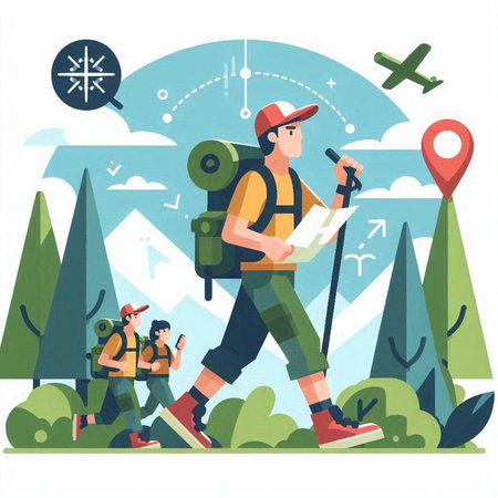 Hiking people in mountain flat vector illustration. Tourists with backpacks and map.のイラスト素材