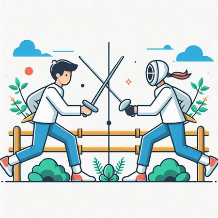 Man and woman fencing in the park. Vector illustration in cartoon styleのイラスト素材