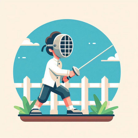 Fencing sport vector illustration. Female fencer with sword in hand.のイラスト素材