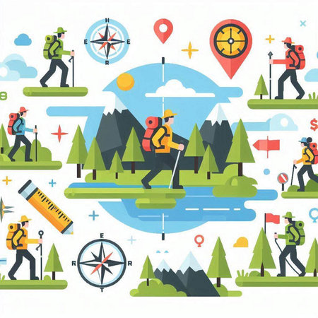 Hiking flat icons set with backpack, compass and other tourist equipment isolated vector illustrationのイラスト素材