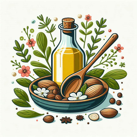 Almond oil in a glass bottle with nuts and flowers. Vector illustration.のイラスト素材