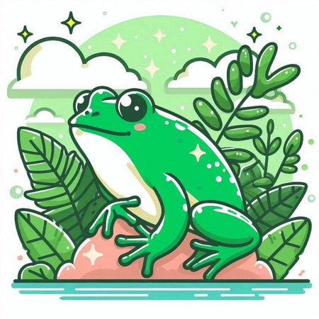 Cute cartoon frog on the rock with green leaves. Vector illustration.のイラスト素材