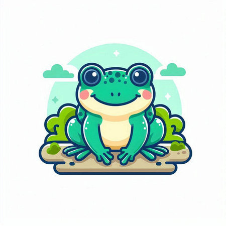 Cute frog sitting on the ground. Vector illustration in flat style.のイラスト素材