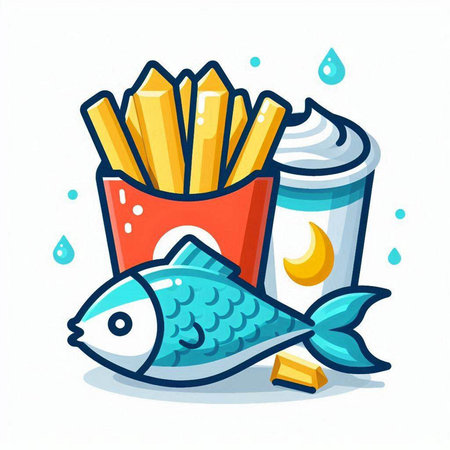 Illustration of fast food, french fries and fish. Vector illustrationのイラスト素材