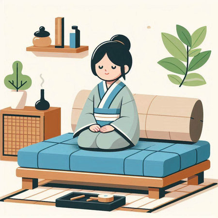 Illustration of a woman in a kimono sitting on a sofaのイラスト素材