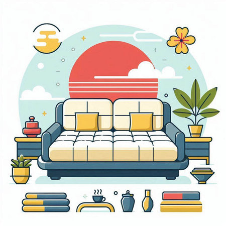 Modern living room interior with sofa, carpet, lamp, coffee table and plants. Flat vector illustration.のイラスト素材